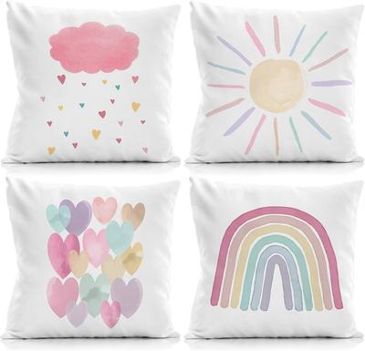 4 Stück Aquarell Regenbogen Kissenbezüge Pastell Wolke Sonne Herz Kissenhüllen für Wohnzimmer Sofa Schlafzimmer Kinderzimmer Zuhause