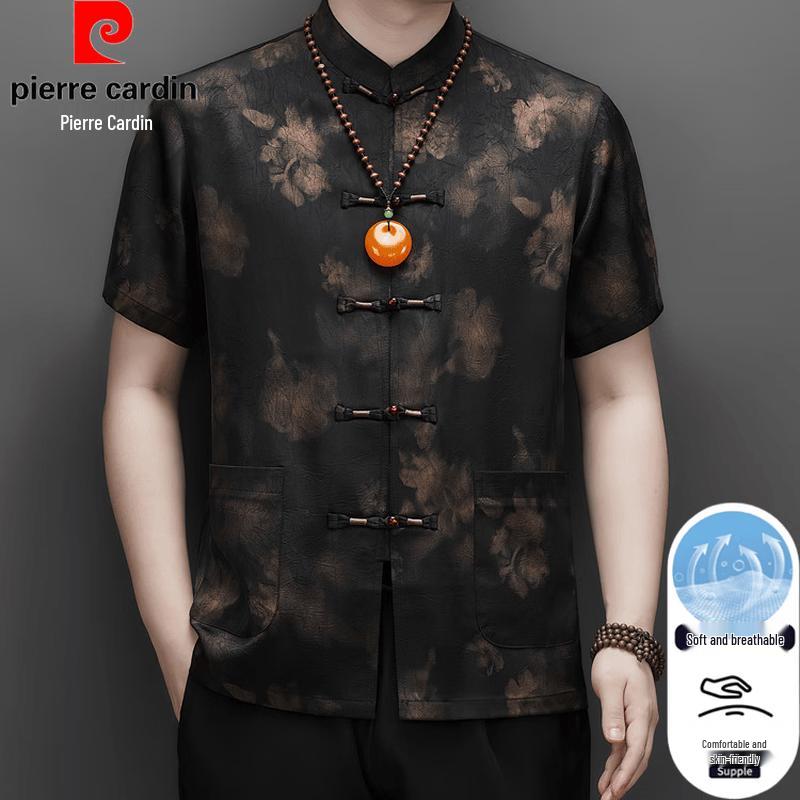 Pierre Cardin Men's Short-Sleeve Xiangyunsha Tang Suit Shirt