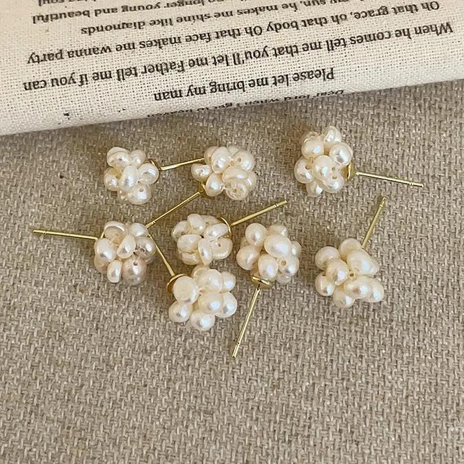 Brincos de Botão Fogos de Artifício de Pérola de Água Doce em Prata Esterlina Real com Ouro 14K para Mulheres Tendência Finos Acessórios de Flor