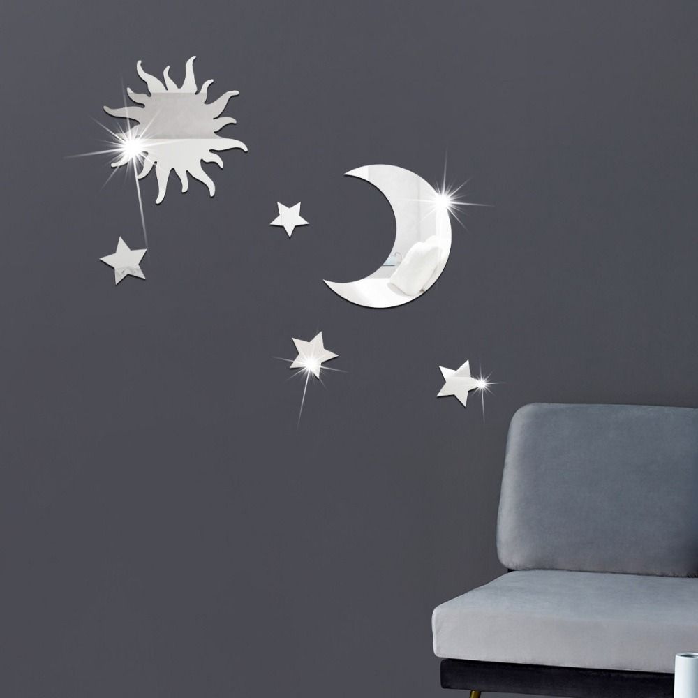 6PCS NEW Gold Silver Gold Mirror Wall Stickers DIY Stereo Decorative Decal Self Adhesive Acrylic Star Moon Decals Bedroom