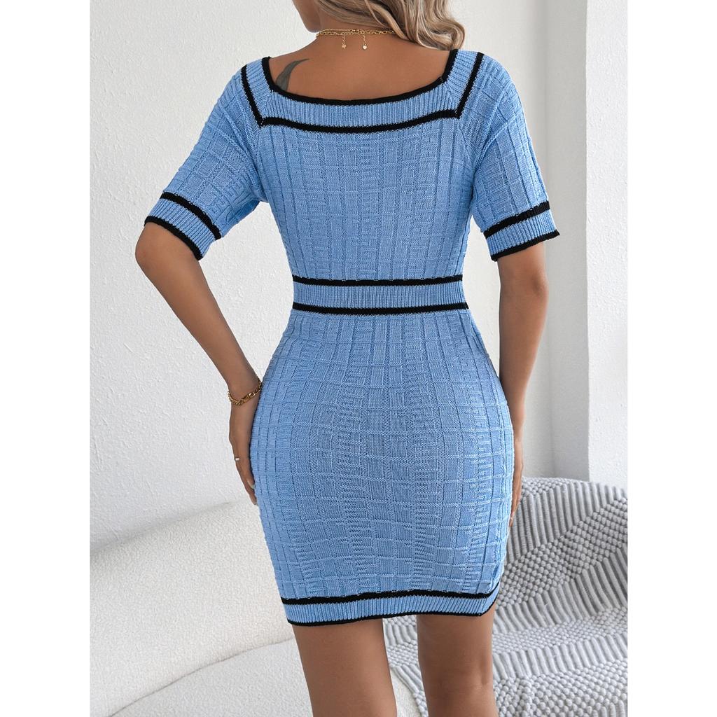 HNXC Spring Summer Elegant Square-neck Button Short-sleeved Knitted Hip-hugging Dress for Women