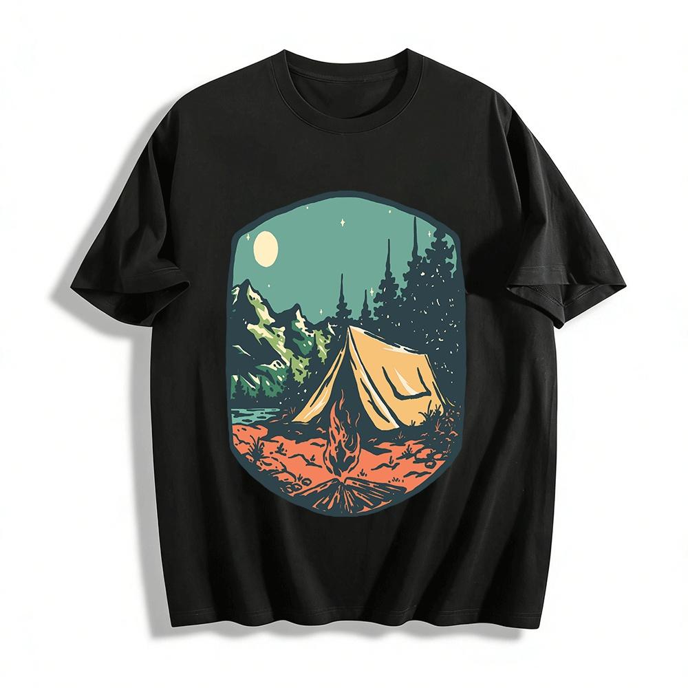 Outdoor Mountain Camping Bonfire Print Casual T-Shirt Pure cotton T-shirt XXS