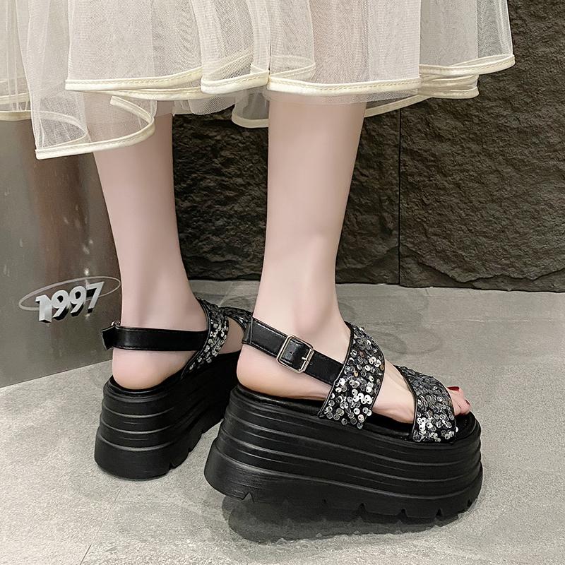 Fashion Aphixta Silver Platform Sandals Women Wedge 8.5cm High Heels Shoes Bling Sequine Summer Zapatos Mujer Wedges Woman Sandal