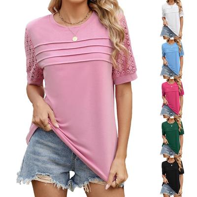 2025 Spring/summer Round Neck Short Sleeve Loose Women's T-shirt Lace Patchwork Top