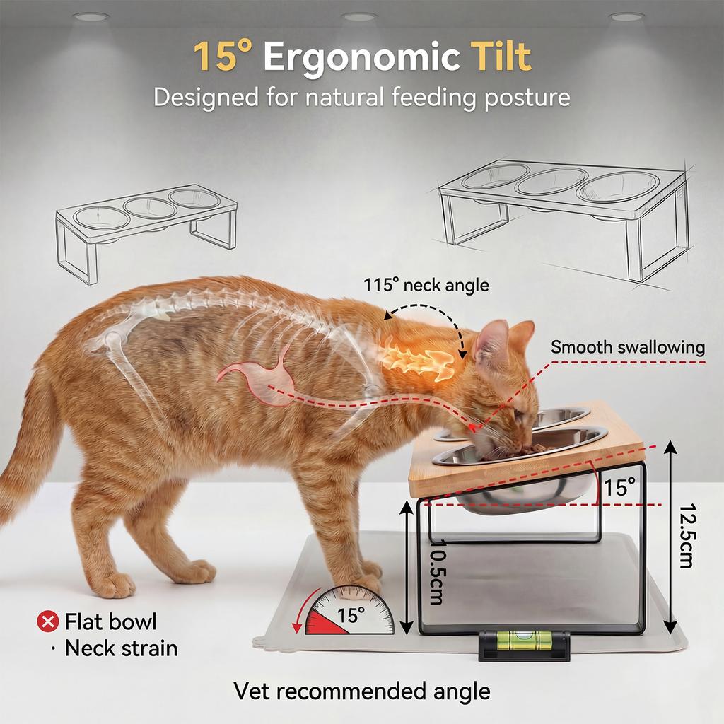 Elevated Pet Feeding Bowl 15° Tilted Cat Food and Water Bowl Stand with 3 Stainless Steel Bowls Dog Feeder Stand Pet Supplies