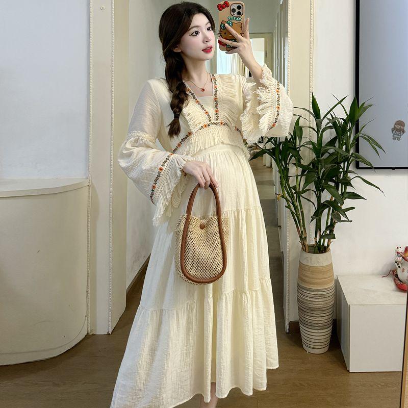 Maternity Dress High-End Sensation Internet Celebrity Ethnic Style Exotic Style Vacation Style Fashionable Stylish Mom Temperament Long Sleeve Dress