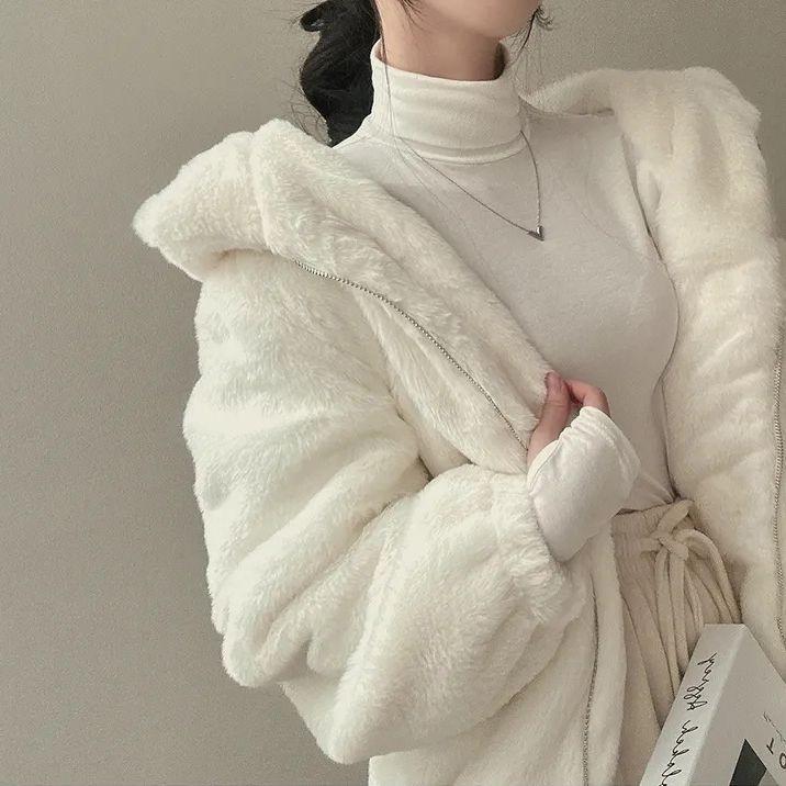 Hooded lamb wool imitation fur loose coat new autumn and winter fleece thickened sweater cardigan zipper warm