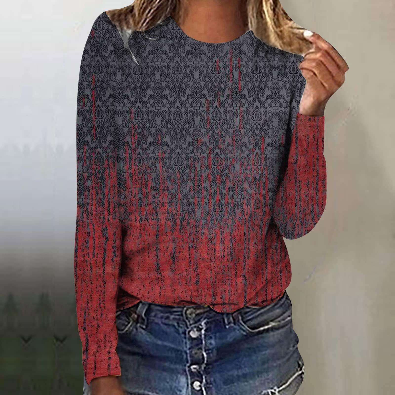 

Женская мода повседневный топ с длинным рукавом с цветочным принтом и круглым вырезом L винный