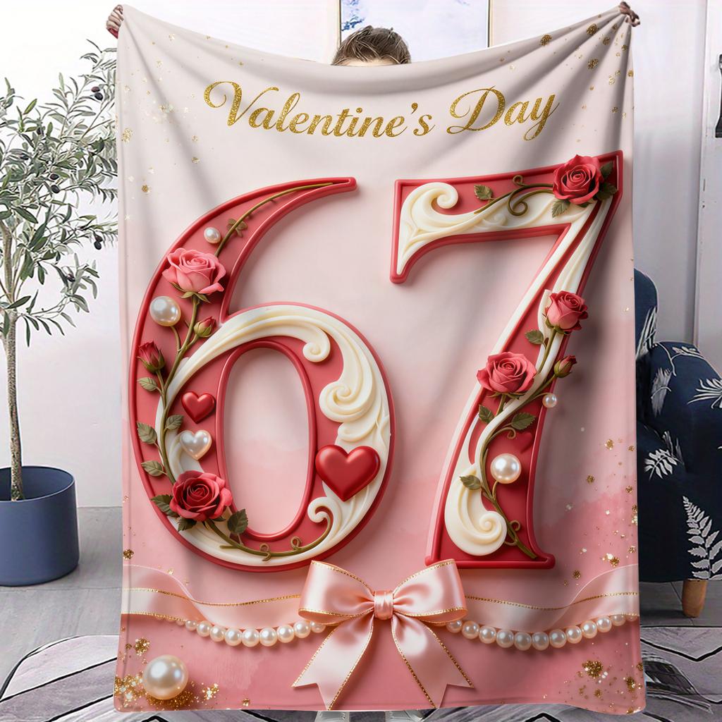 Number 67 Element Romantic Design Printed Flannel Blanket for Home Travel Soft Warm and Cozy Blanket Cozy Valentines Day Gift