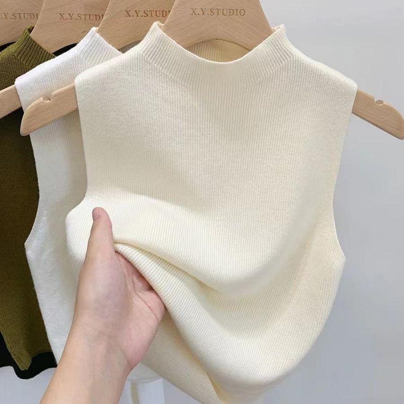 Women's Vest Tank Solid Color Knitted Tees Cropped Camisole Sweater Half-turtleneck Spring Autumn Sleeveless