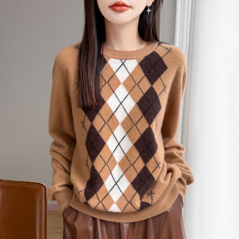 Französischer Rautenkaro Jacquard Pullover Damen Neu Verdickt Warmes Unterhemd Old Money Stil Retro Oberteil