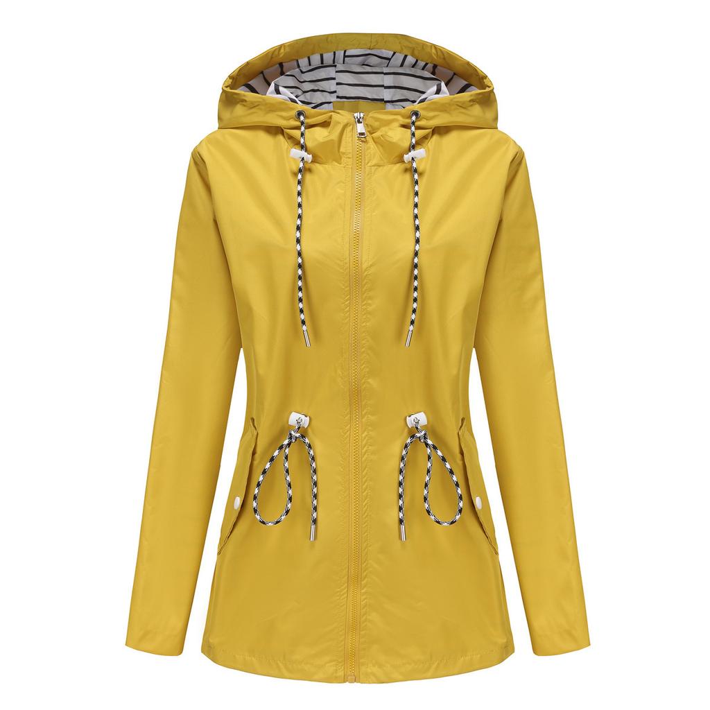 Women's Long Sleeve Hooded Jacket Drawstring Loose Fit Casual Windbreaker Raincoat Outerwear