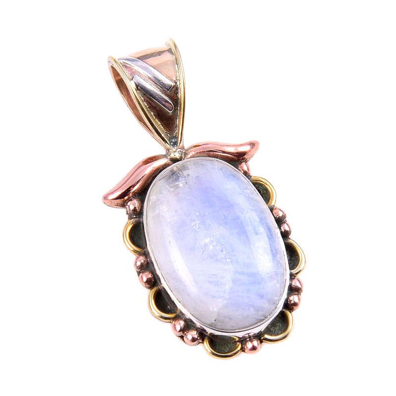 Natural Rainbow Moonstone Gemstone 925 Solid Silver Two Tone Pendant 1.25'' O9f11