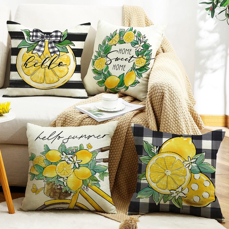 Summer New Style Lemon Small Fresh Printed Pillow Case Simple Sofa Bedside Fruit Linen Waist Pillow