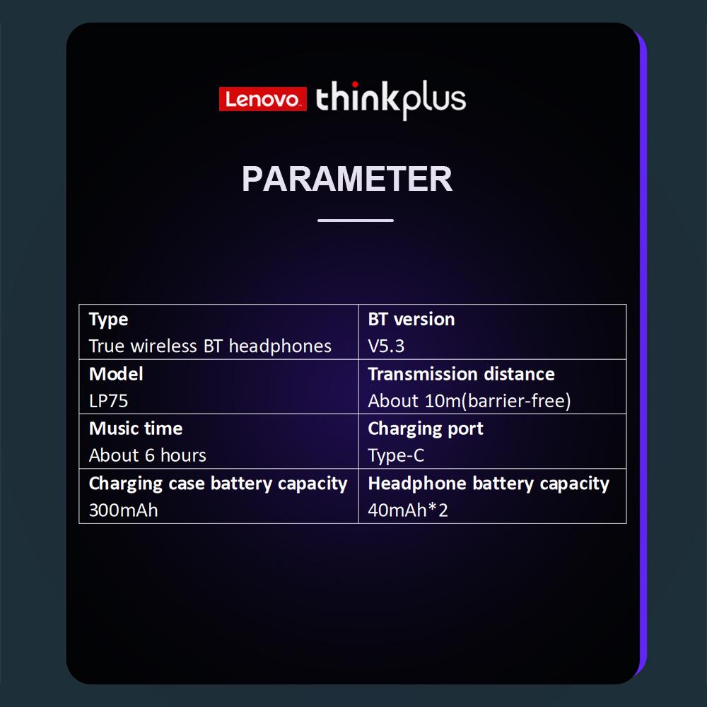Lenovo Thinkplus LP75 True Wireless BT Headphones Sports Earbuds BT5.3 Chip HiFi Stereo Sound Long