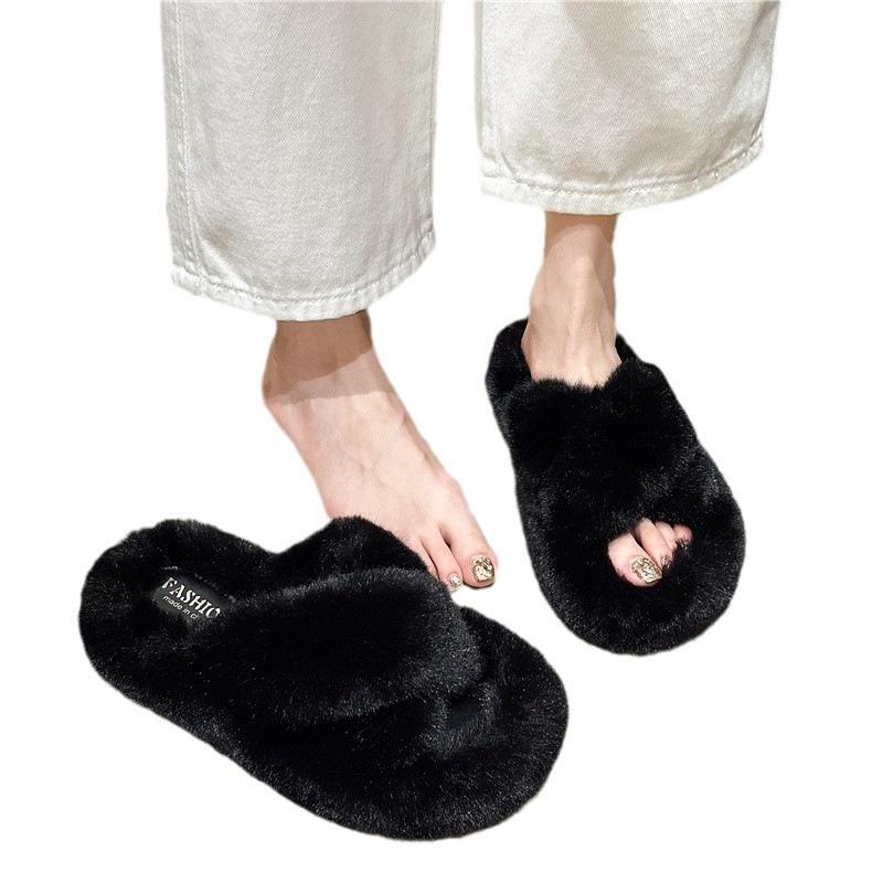 Rabbit fur cross thick bottom fluffy slippers increase height in autumn and winter household plush fluffy drag women wear women