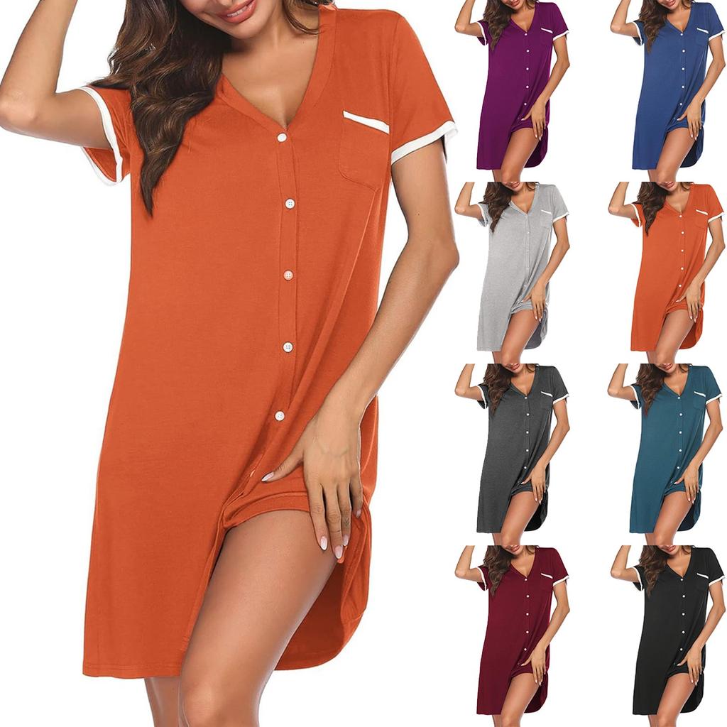 Ladies' Loose Casual Comfortable V-neck Short Sleeved Contrasting Color Home Minimalist Short Dress Summer