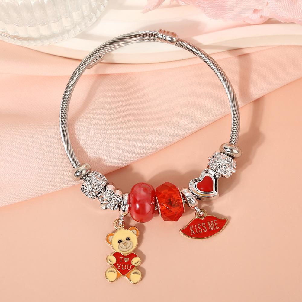 Cute Cartoon Bear Angel Heart Beaded Bracelet Stainless Steel Valentine Gift for Her Girlfriend Women