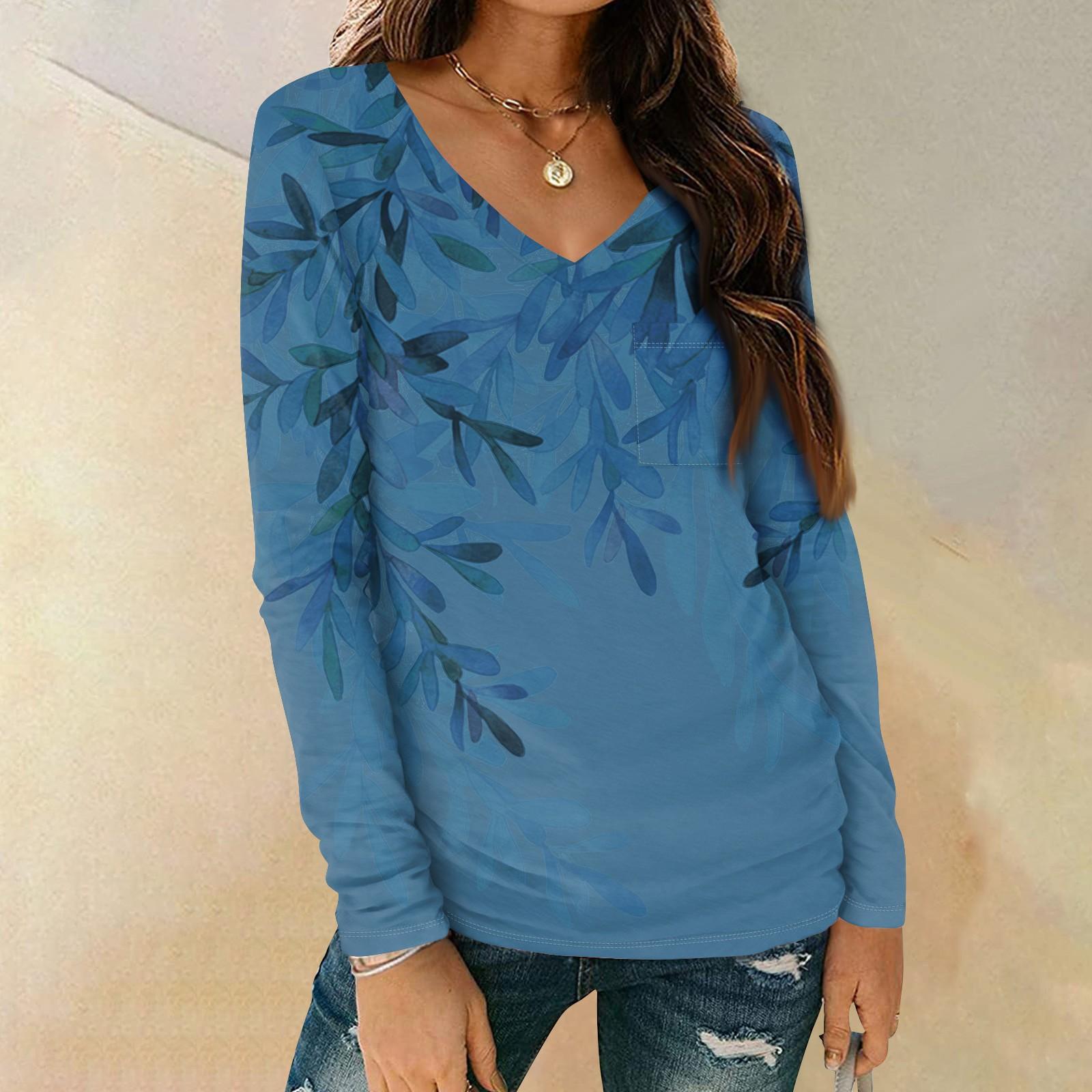 

Женская мода повседневная блузка с длинным рукавом и цветочным принтом, V-образным вырезом и карманами XL арбуз красный