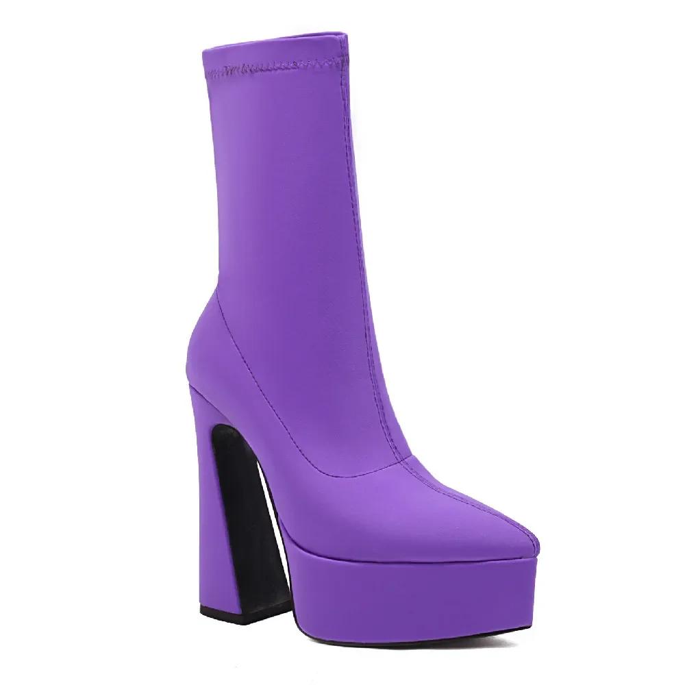 Women Platform Ankle Boots High Thick Heels Pointed Toe Rosy Red Purple Stretch Satin Party Club Lady Autumn Slip-on Short Boots