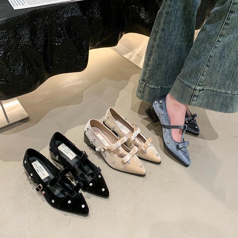 Rivet Designer High Heels Women Pointed Toe Elegant Office Women Shoes Spring Autumn Fashion Suede Low Heel Mules Pumps Women