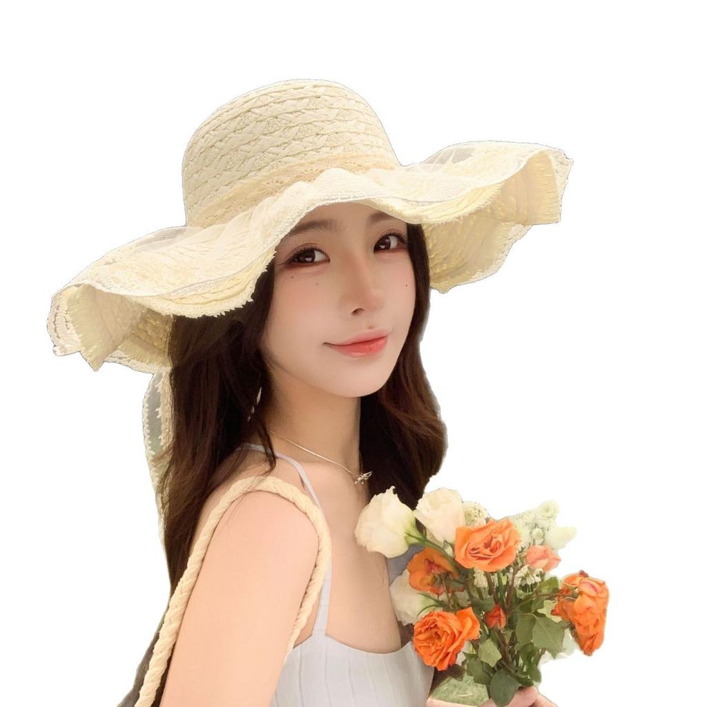 Summer Seaside Beach Outdoor Straw Hat Women'S Lace Bow Sunshade Sun Protection Hat Uv Protection Sun Straw Hat
