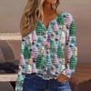 Women's Fashion Casual V-Neck Button-Up Long-Sleeve T-Shirt With Christmas Print Top