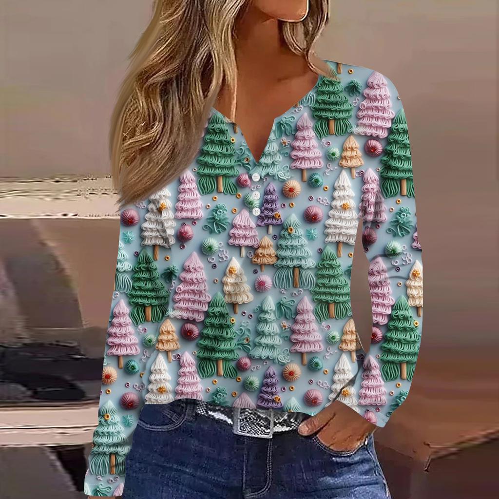 Women's Fashion Casual V-Neck Button-Up Long-Sleeve T-Shirt With Christmas Print Top