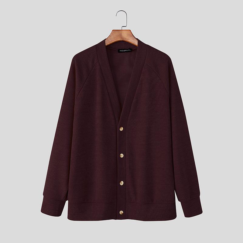 INCERUN Men V Neck Long Sleeve Buttons Up Rib Knit Oversized Cardigan Tops