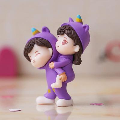 Purple Miniature Cute Couple Statue Girl On Boy's Shoulder Decorative Showpiece - Valentine Gift for Girlfriend, Boyfriend, Husband, Wife (Polyresin)