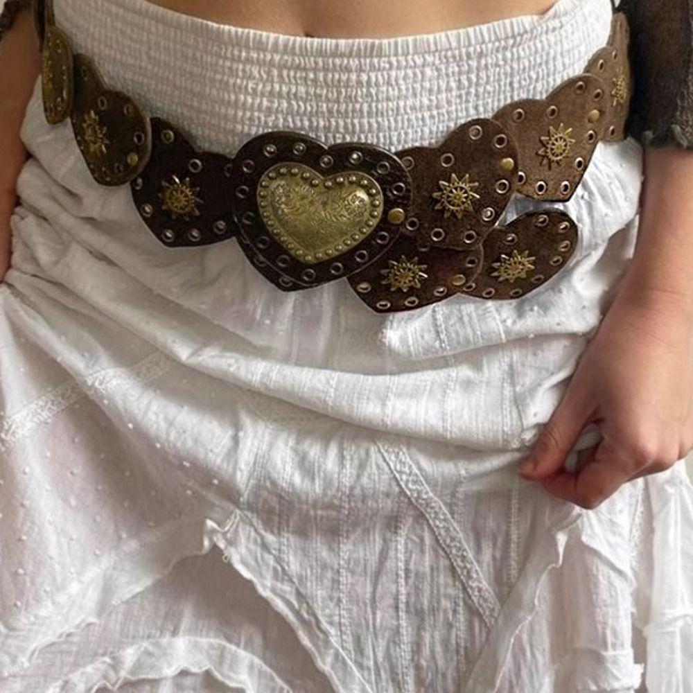 Wide Heart Belts Metal Cowboy Waistband Personality Metal Rivet Belts  Waist Accessories
