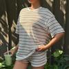 Women's Summer Casual Two Piece Set Short Sleeve Top and Shorts Lightweight Striped Knit Lounge Wear Soft Fabric
