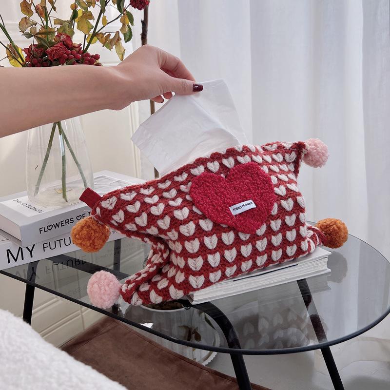 1pcs Heart Pattern Knitted Tissue Box Tissue Storage Bag for Bedroom Living Room & Desktop Decor Toilet Paper Organizer