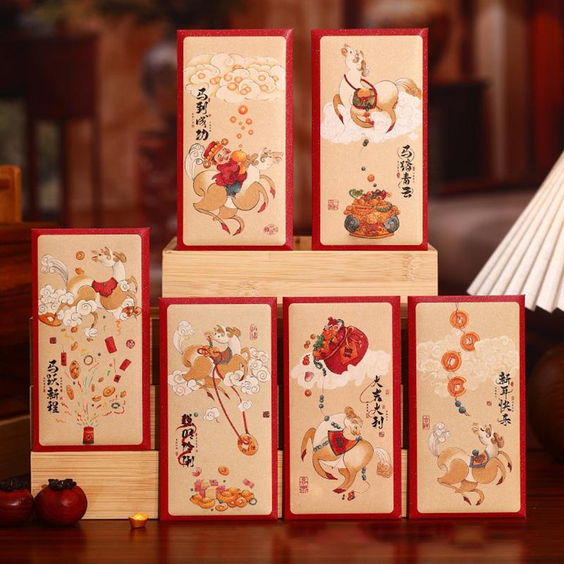 6 Stück 2026 Jahr des Pferdes Rote Umschläge Chinesischer Stil Segnung Glücksgeld-Umschläge Traditionelle Cartoon Rote Päckchen