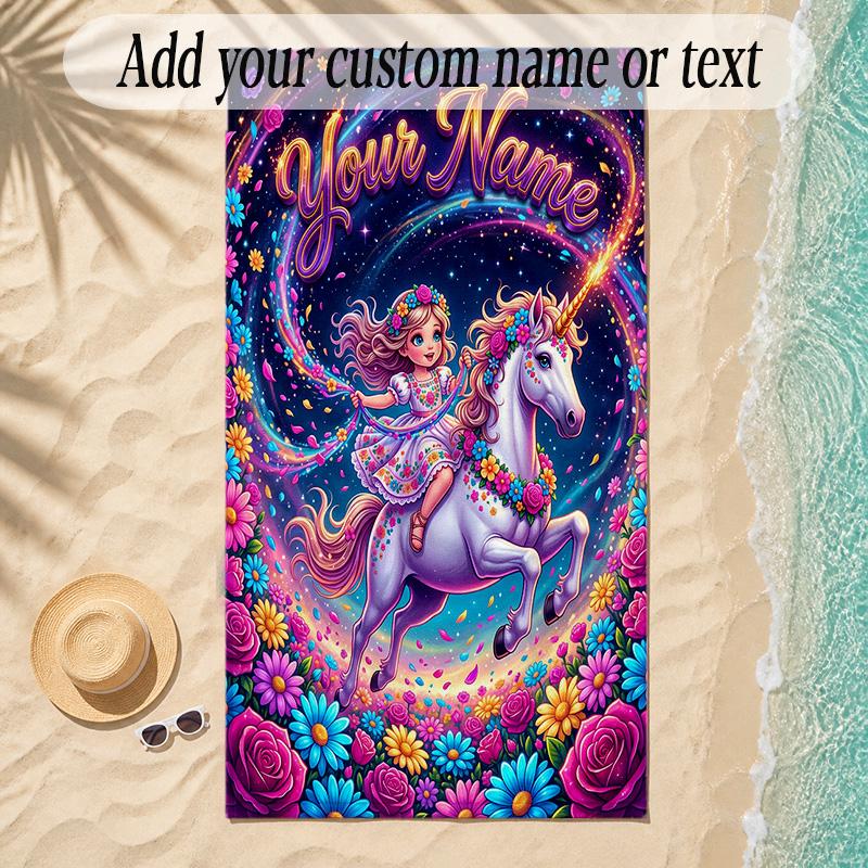 Unicorn Theme Soft Beach Towel Personalized Custom Name Text Towel Portable for Beach Pool Travel