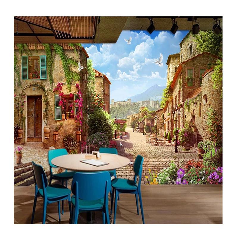 Mural Small Town Street View European Style Wallpaper Retro Cafe Restaurant Bar Background 3d Wall Murals
