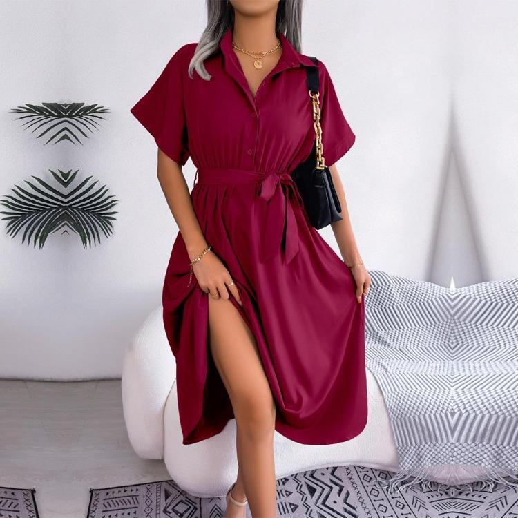 Women Casual Loose Button Dress Spring Summer Solid Color Lace Up Shirt Skirt Lapel Neck