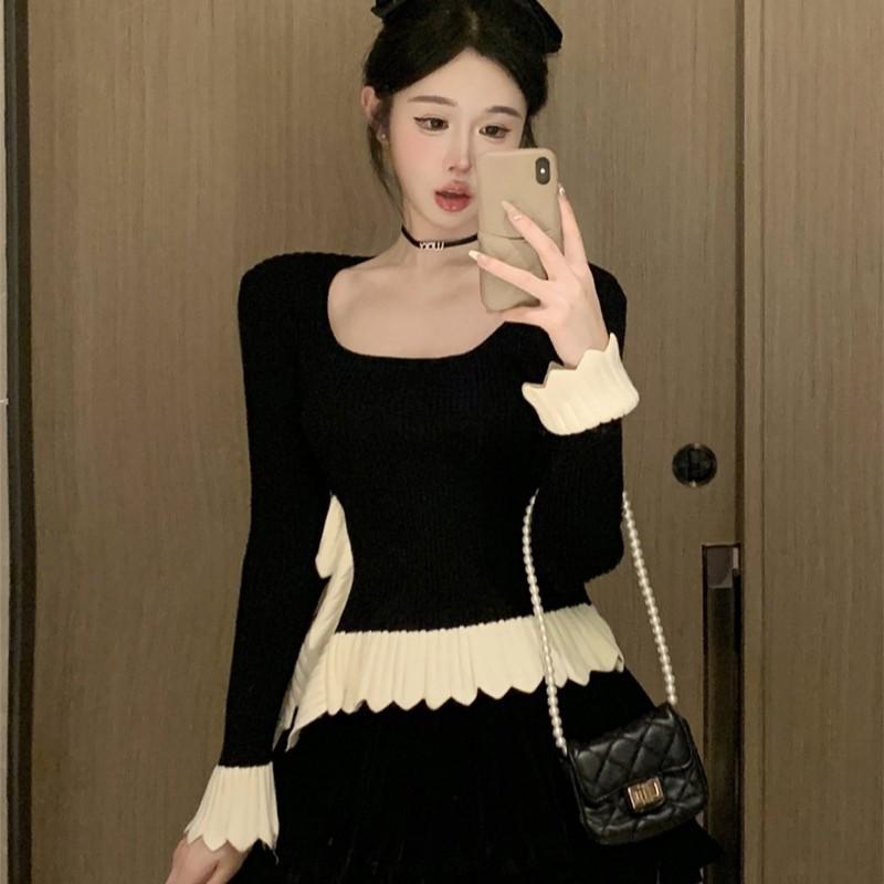 Square Neck Long Sleeve Knit Top for Plus Size Women - Early Spring Irregular Ruffle Chic Shirt