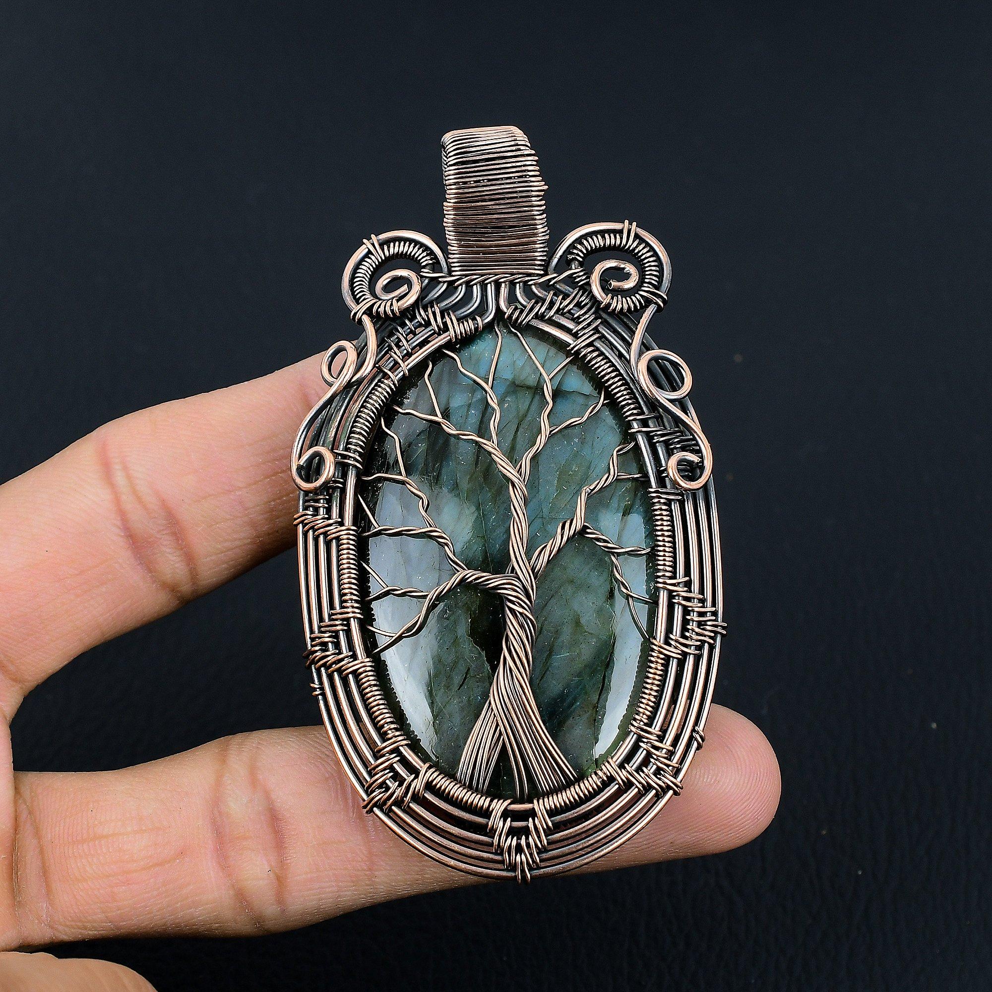 

Tree Of Life Labradorite Pendant, Handmade Gemstone 999 Copper Wire Wrapped Pendant Antique Jewelry, For Gift Silver Jewelry 2.55 Inches