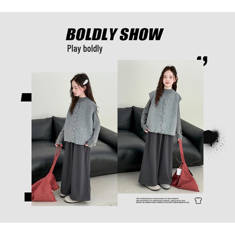 Dziewczęcy jesienny zestaw modowy trzyczęściowy w stylu koreańskim 2025 – stylowy strój casualowy dla dużych dziewczynek