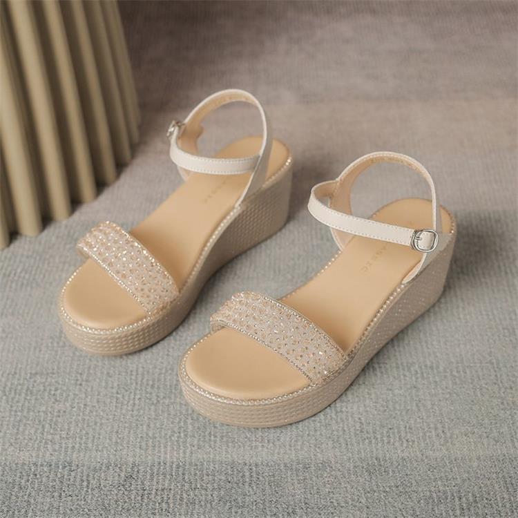 Wedge Heel Sandals Women's 2025 New Summer One-word Sandals Wear Thick-soled Rhinestones with Skirts Beach High Heels