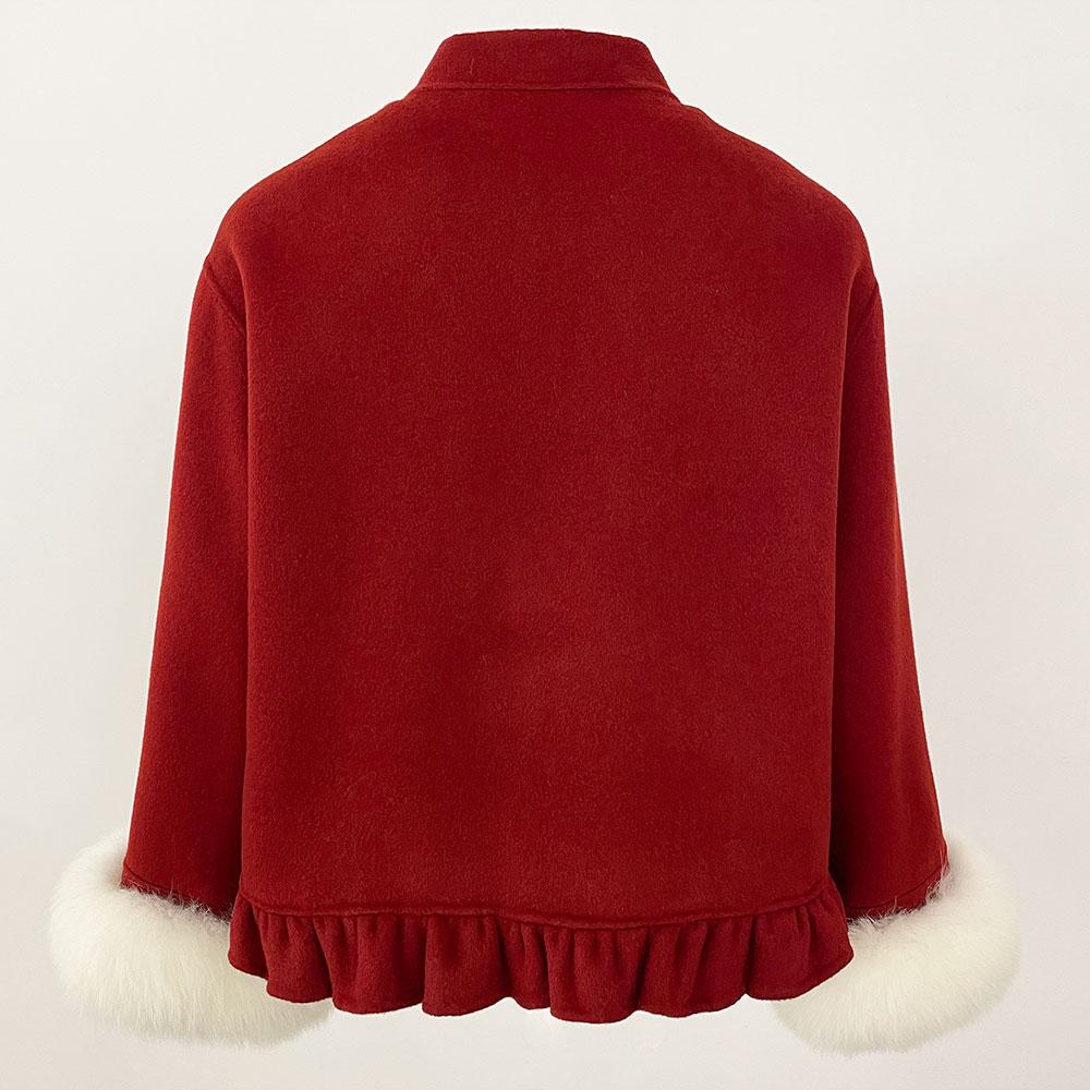 Luxuriöser Wintermode-Kurzrock 100 % doppelseitiger Wollmantel Gespleißte Ärmel aus natürlichem Fuchspelz Warme Freizeitjacke für Damen