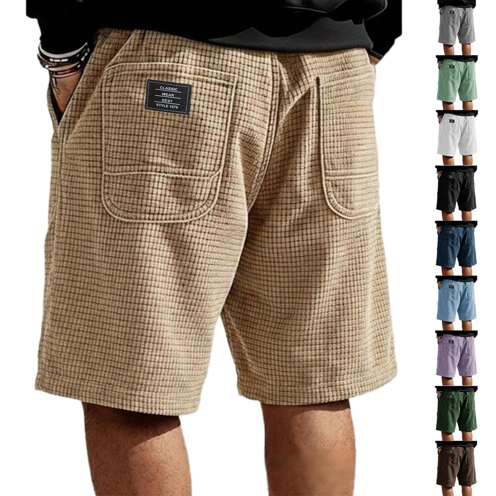Men's Summer Corduroy Casual Shorts with Multiple Pockets, Embroidered , Drawstring Elastic Waist