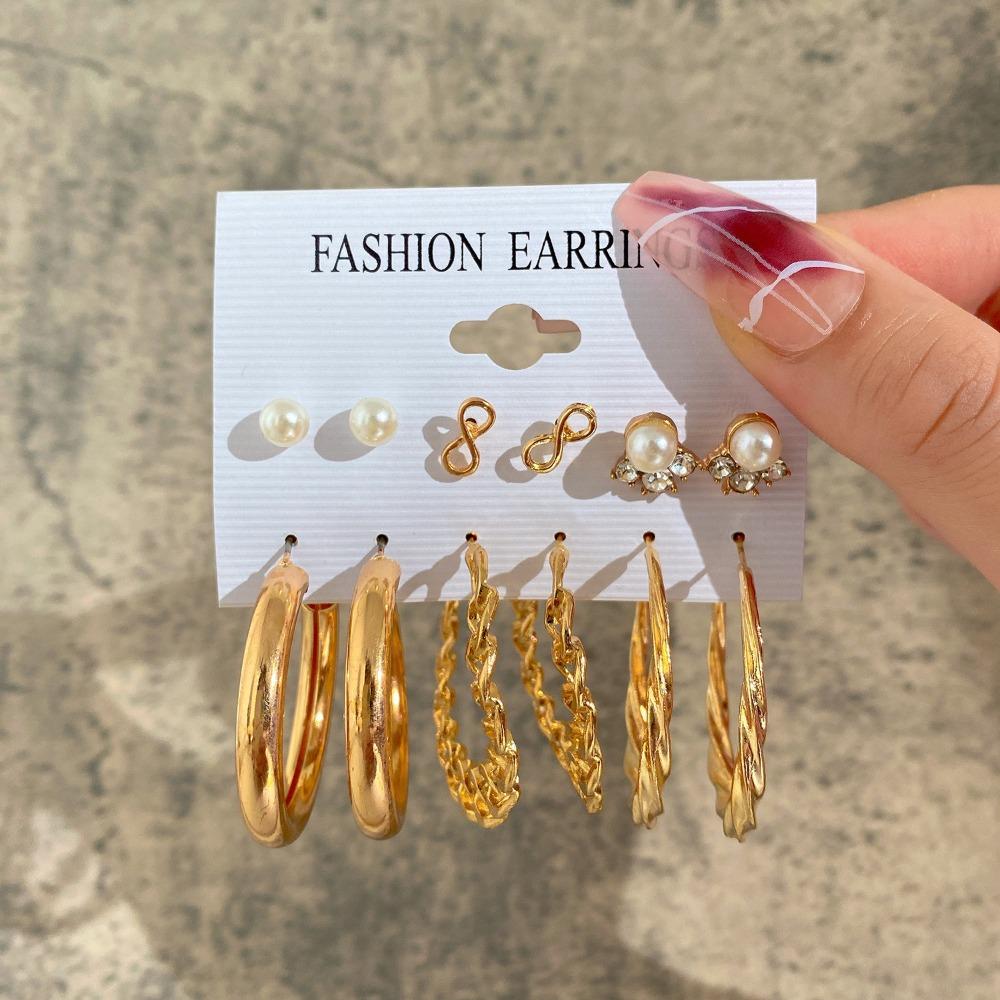 6 Pair Gold Vintage Geometry Pearl Earrings Set Metal Twine Square Dangle Earrings