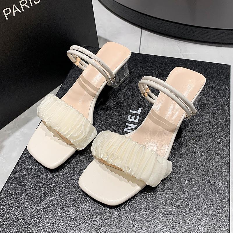 

Fairy style thick heel sandals 2025 fashion women s summer women s crystal slippers new pearl high heel slippers outer wear 42 бежевый