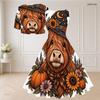 Women Plus Size Two Piece Dress Set Short Sleeve Cropped Shrug Sleeveless Square Neck Tie Waist Flared Bear Pumpkin Printed