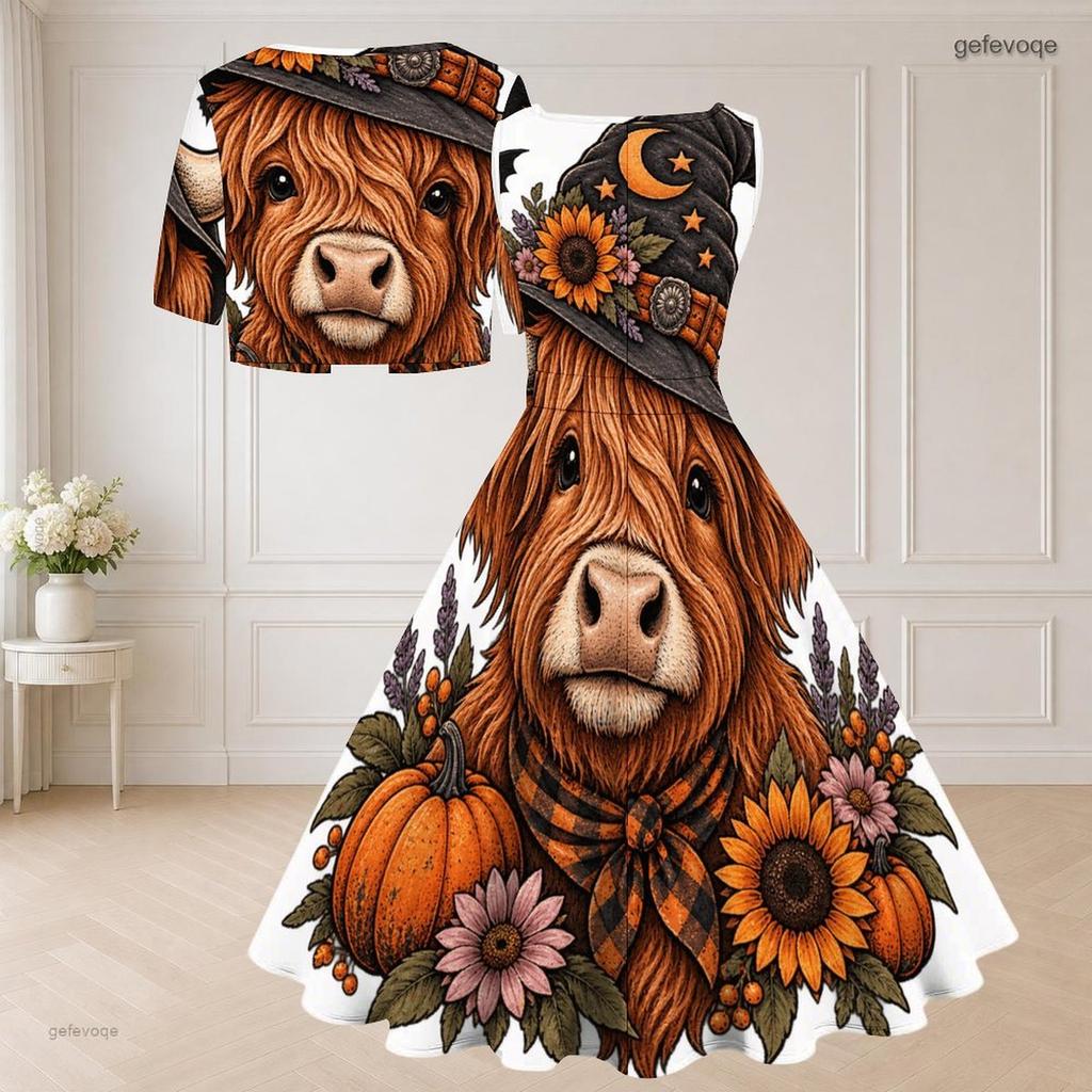 Women Plus Size Two Piece Dress Set Short Sleeve Cropped Shrug Sleeveless Square Neck Tie Waist Flared Bear Pumpkin Printed