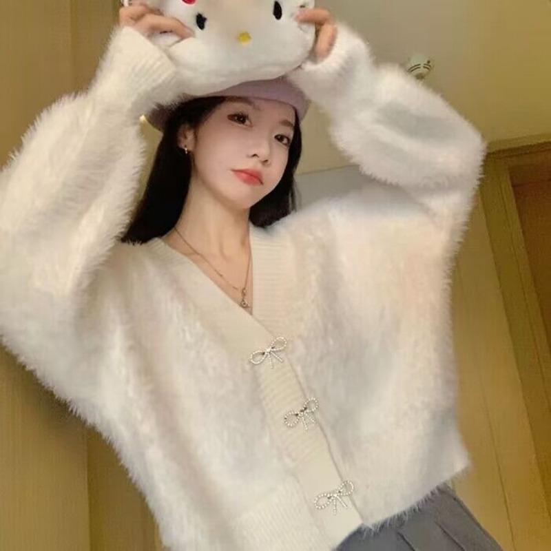 Svetr Cardigan Dámský Podzim/Zima Imitace norkového Fleece Svetr Dámské Sladká mašle s výstřihem do V Pletený svetr s jedním prsem