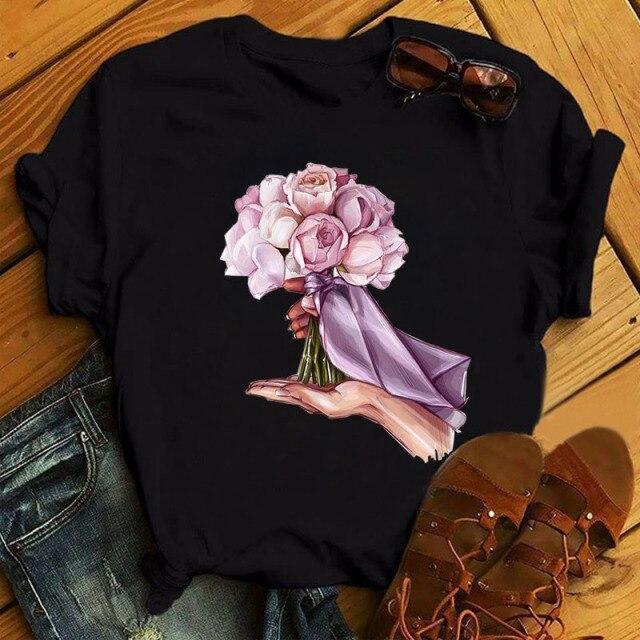 Women T Shirt Fashion Flower Girl Print 