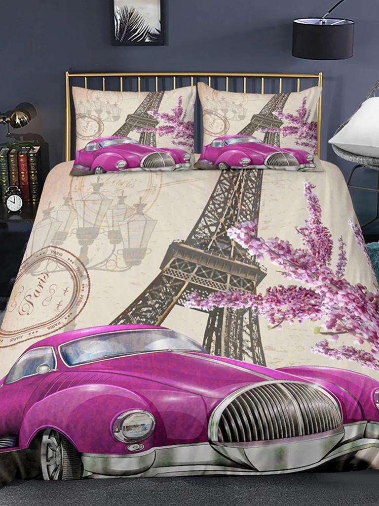 Housse de Couette Tour Eiffel Romantique Moderne Bâtiment de Ville de Paris Rouge et Bleu Housse de Couette pour Couple Accessoires Décor pour Adolescente